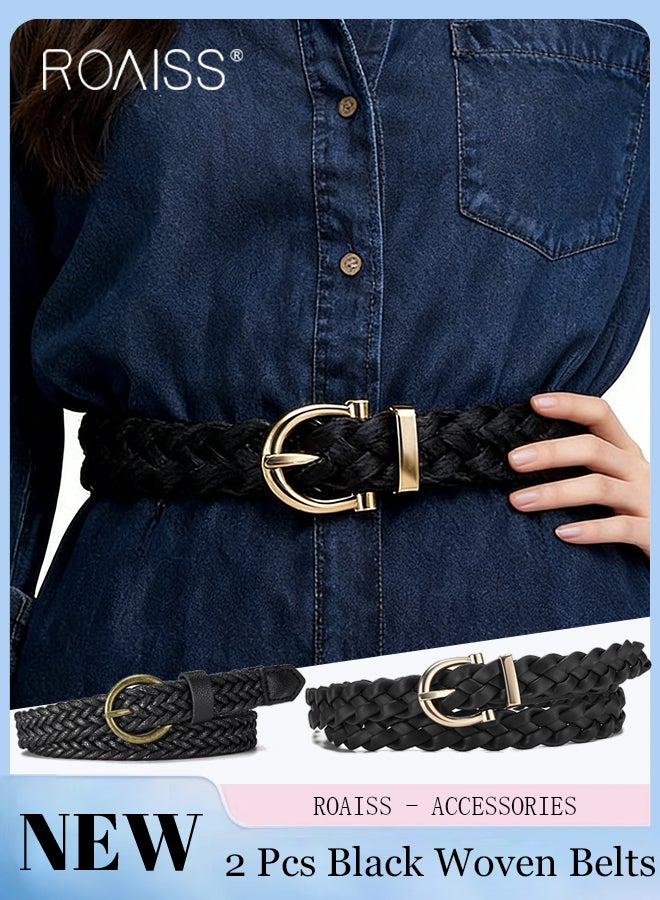 roaiss 2 Pcs Black Woven Belts for Women, Stylish Waxed Rope Woven Thin Belts, and Vintage Leather Woven Belts Non-Perforated Belt Suitable for Dresses, Shirts, and Jeans, Ideal for Daily Wear - Image 1